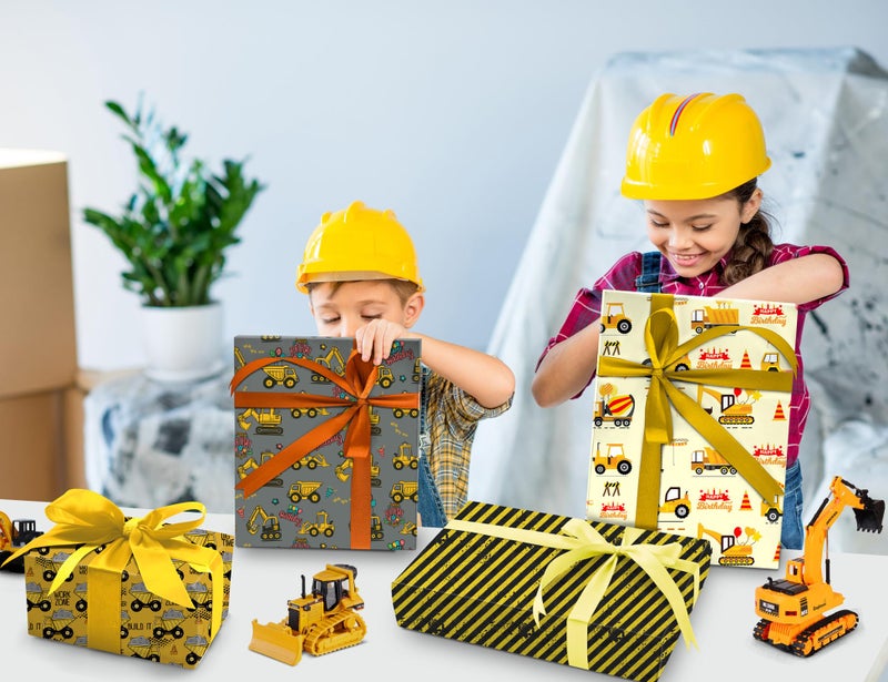 ZINTBIAL Construction Vehicle Wrapping Paper for Kids Birthday - Excavators  Bulldozers  Dump Trucks and Happy Birthday Words Designs - 20 x 29 Inches  8 Folded Sheets  Easy to Store - Image 2
